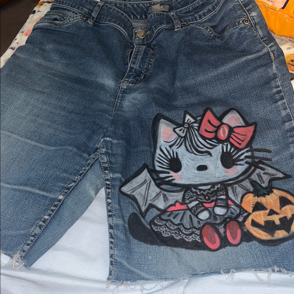 J. Jill Hand Painted Vampire Hello Kitty Blue Denim Shorts